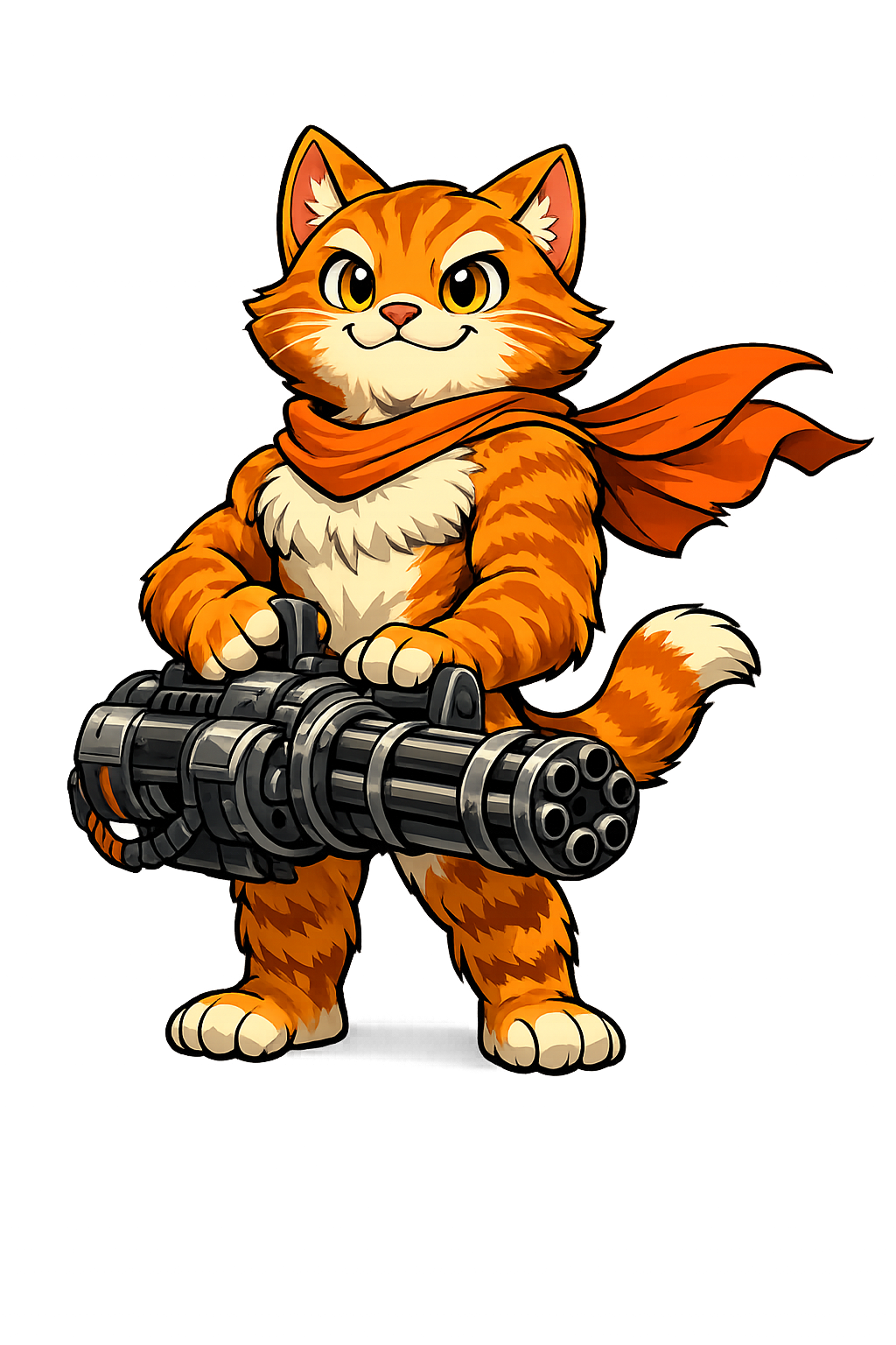 Gato naranja con minigun de código