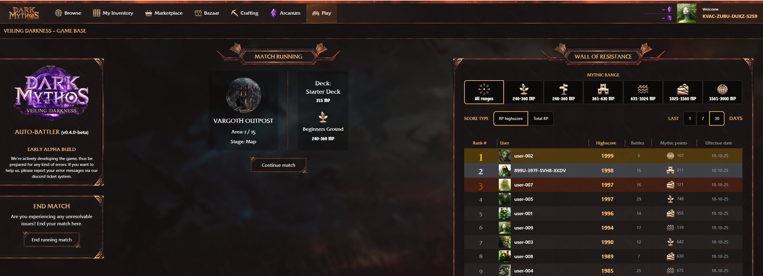 Dark Mythos Automated Tournament System